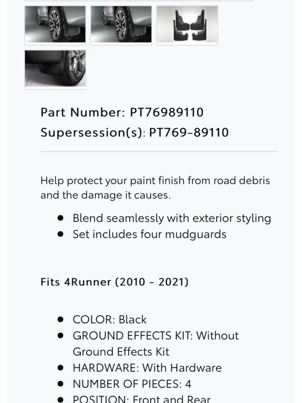 Toyota Front and Rear Mudguard Set for 4Runner - Black